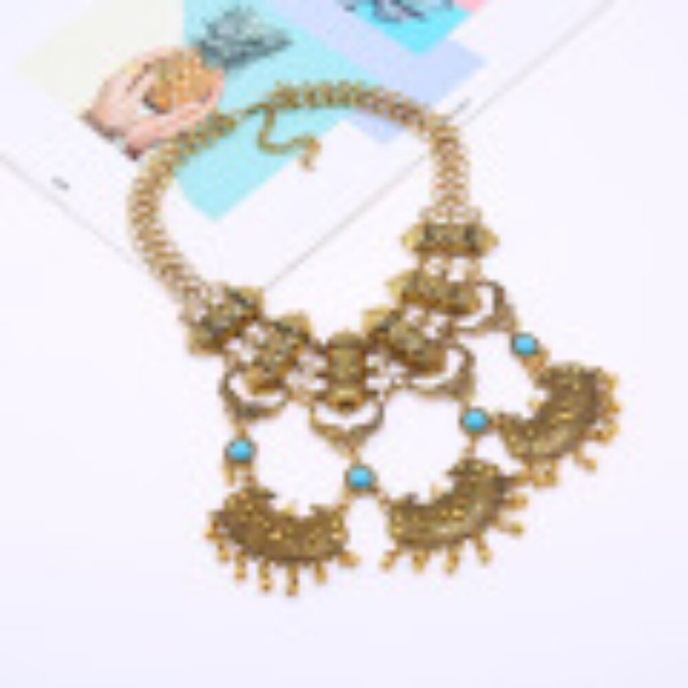 #048 Exaggerated Tassel Necklace Bohemian Ethnic Vintage Turquoise Collarbone